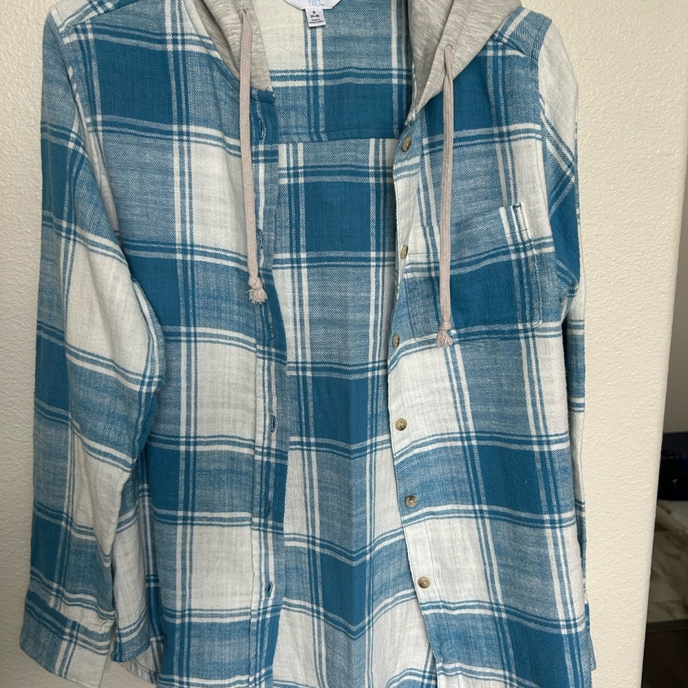 Blue and White Plaid Hooded Shirt